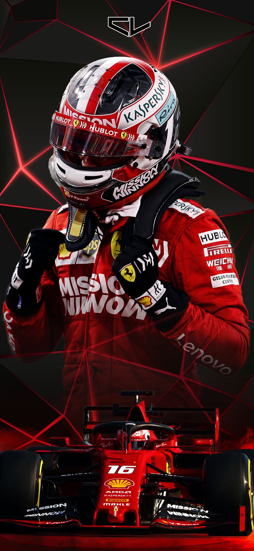 Charles Leclerc in Ferrari Racing Suit with F1 Car and Red Geometric Background HD phone wallpaper