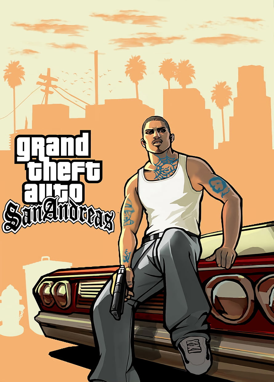 Grand Theft Auto San Andreas Box Art Featuring CJ Leaning on a Red Car HD phone wallpaper