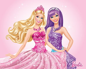 Barbie and her friend in sparkling pink and purple princess gowns with tiaras on a magical background HD wallpaper