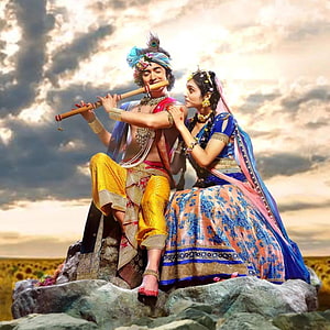Radha Krishna Sitting Together Playing Flute in Traditional Attire HD phone wallpaper