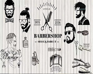 Vintage Barbershop Illustration With Hipster Men, Scissors, And Grooming Tools On Wood Background HD wallpaper