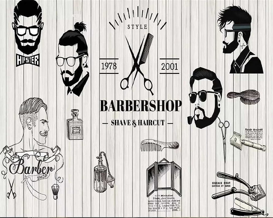 Vintage Barbershop Illustration With Hipster Men, Scissors, And Grooming Tools On Wood Background HD wallpaper
