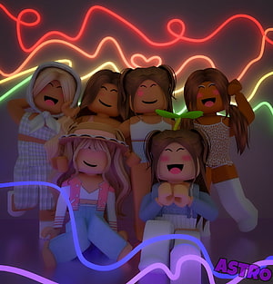 Roblox avatars posing together with colorful neon lights in the background HD phone wallpaper