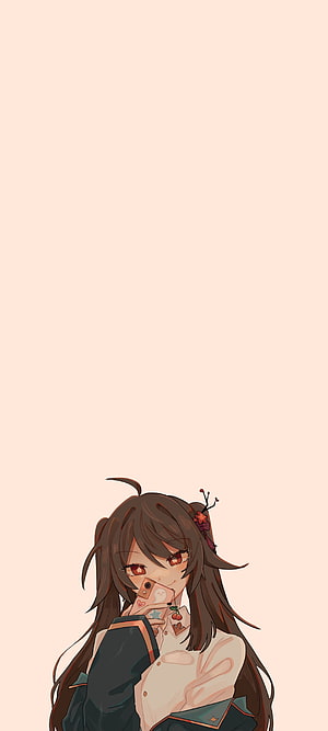 Anime Girl With Brown Hair Holding Smartphone On Soft Pink Background HD phone wallpaper