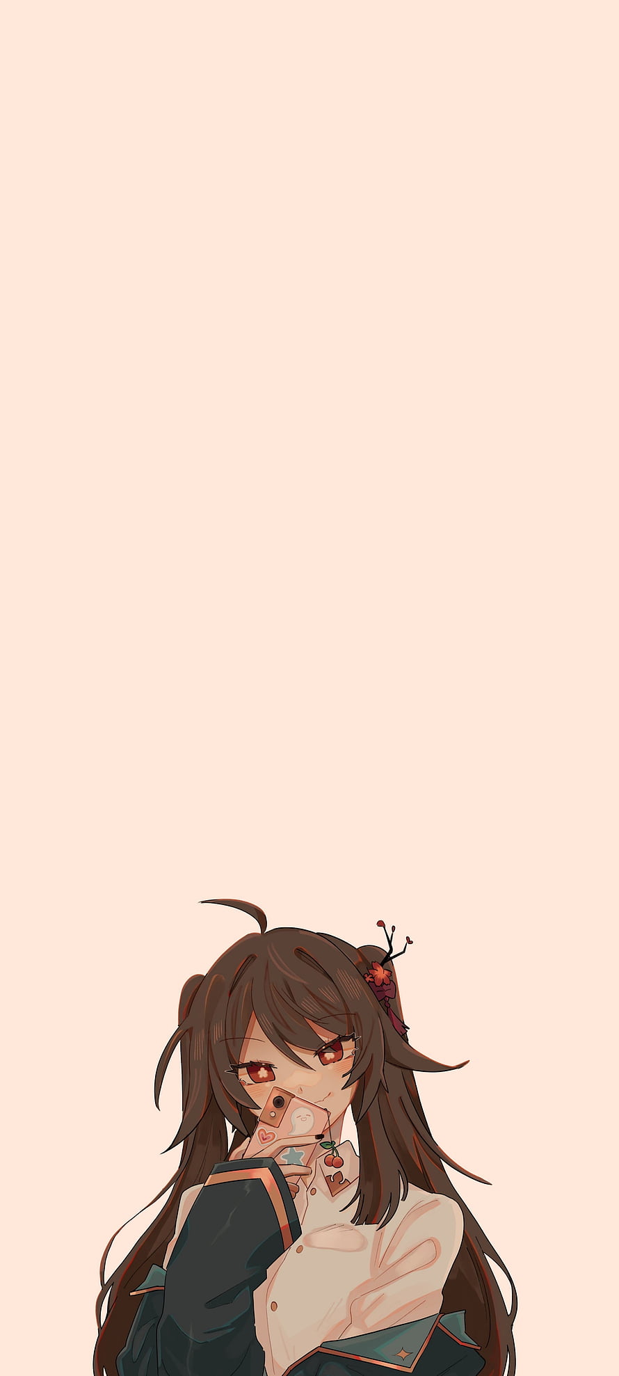Anime Girl With Brown Hair Holding Smartphone On Soft Pink Background HD phone wallpaper