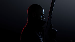 Hitman 3 Agent 47 Silhouette Profile Holding Rifle in Dark Cinematic Lighting, Hitman 3 , Background, Hitman Black HD wallpaper