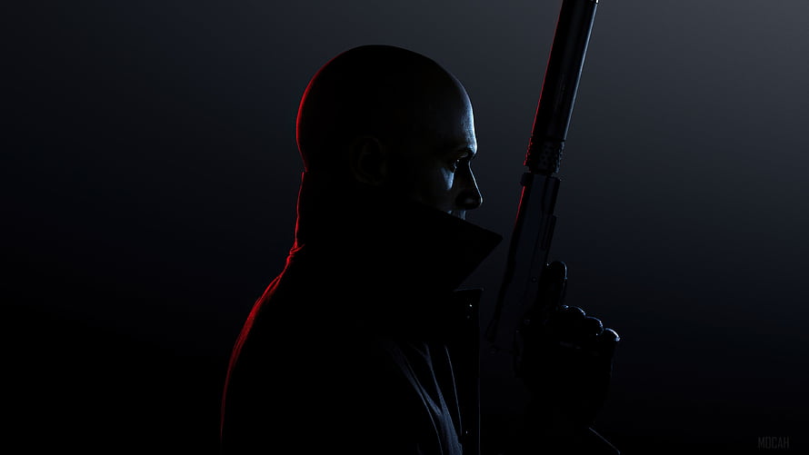 Hitman 3 Agent 47 Silhouette Profile Holding Rifle in Dark Cinematic Lighting, Hitman 3 , Background, Hitman Black HD wallpaper