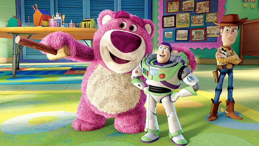 Lotso, Buzz Lightyear, and Woody in a colorful classroom from Toy Story 3 HD wallpaper