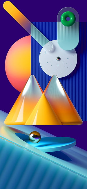 Vibrant 3D Geometric Abstract Art with Glossy Cones and Spheres HD phone wallpaper