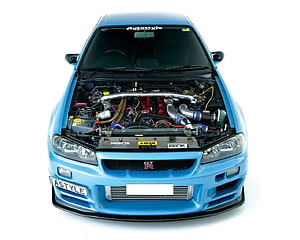 Nissan Skyline R34 GT-R Front View With Open Hood Showing Modified Engine Bay HD wallpaper