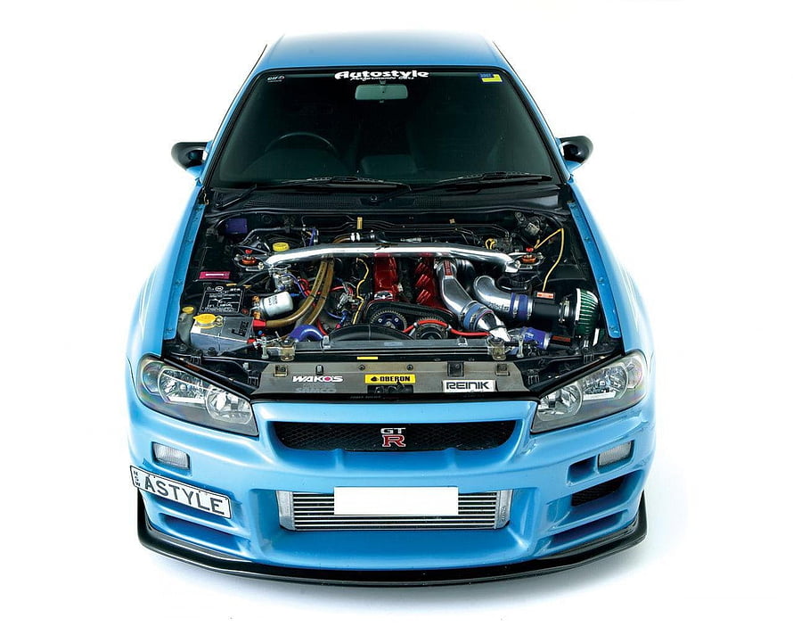 Nissan Skyline R34 GT-R Front View With Open Hood Showing Modified Engine Bay HD wallpaper