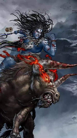 Fierce Blue-Skinned Hindu Deity Riding a Charging Bull with Trishula HD phone wallpaper