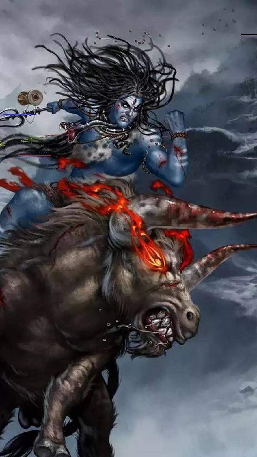 Fierce Blue-Skinned Hindu Deity Riding a Charging Bull with Trishula HD phone wallpaper