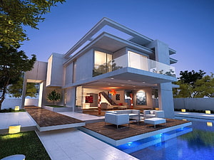 Modern Luxury Villa with Infinity Pool and Outdoor Deck at Dusk HD wallpaper