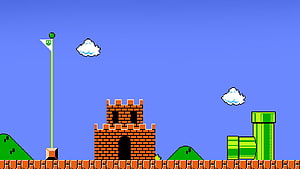 Super Mario Bros Classic Castle Level with Flagpole and Green Pipes HD wallpaper