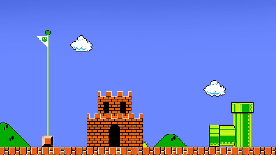 Super Mario Bros Classic Castle Level with Flagpole and Green Pipes HD wallpaper