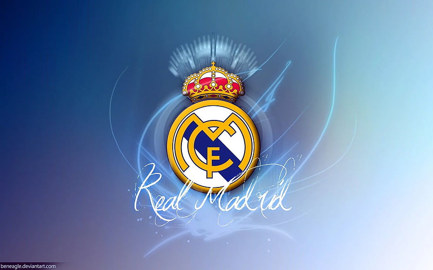 Real Madrid Club Crest with Royal Crown on Blue Gradient Background HD wallpaper
