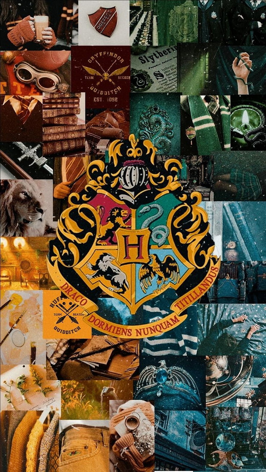 Harry Potter Hogwarts House Crest Collage with Quidditch and Wizarding World Aesthetic HD phone wallpaper