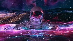 Astronaut Floating in Cosmic Nebula Water with Starry Sky Reflection HD wallpaper