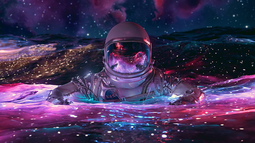 Astronaut Floating in Cosmic Nebula Water with Starry Sky Reflection HD wallpaper