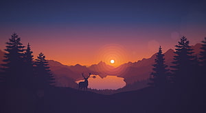 Stylized Deer Silhouette at Sunset Over Mountain Lake and Pine Forest HD wallpaper