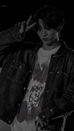 Jungkook BTS Black and White Portrait Wearing Denim Jacket and Peace Sign HD phone wallpaper