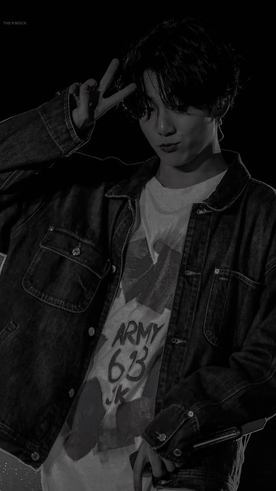Jungkook BTS Black and White Portrait Wearing Denim Jacket and Peace Sign HD phone wallpaper