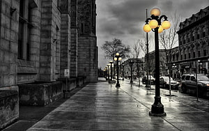 Moody Black and White City Street with Glowing Yellow Street Lamps on Wet Pavement HD wallpaper