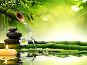 Tranquil Spa Scene With Bamboo Water Feature, Stacked Stones, Frangipani Flower, and Floating Candle HD wallpaper