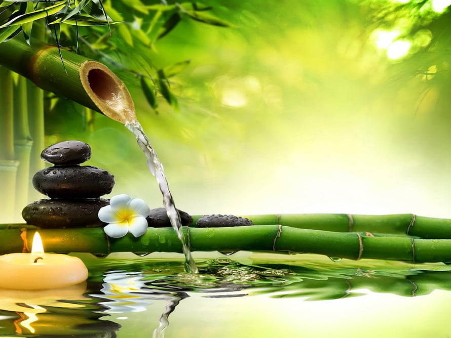 Tranquil Spa Scene With Bamboo Water Feature, Stacked Stones, Frangipani Flower, and Floating Candle HD wallpaper