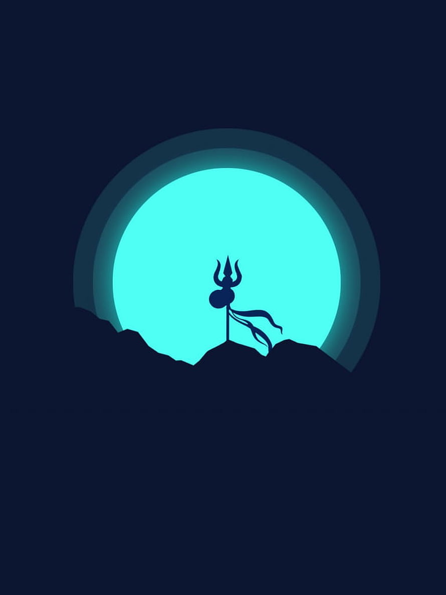 Silhouette of a Trishula Trident on a Mountain Peak Against a Glowing Cyan Moon HD phone wallpaper