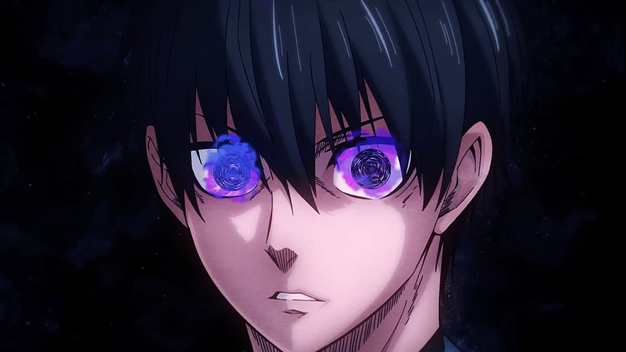 Blue Lock Anime Character with Glowing Purple Eyes in Dark Setting HD wallpaper