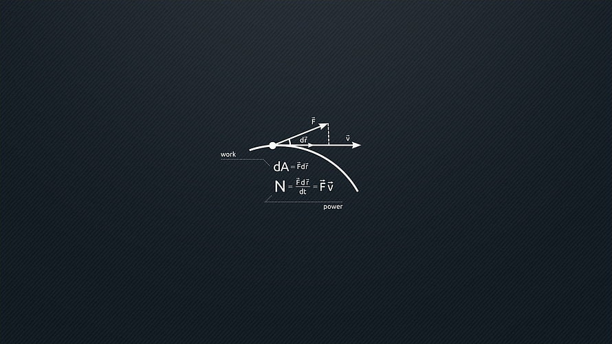 Minimalist Physics Diagram Showing Work and Power Equations on Dark Background HD wallpaper