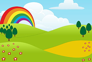 Colorful Cartoon Landscape With Rainbow, Rolling Hills, Trees, And Flowers For Kids HD wallpaper