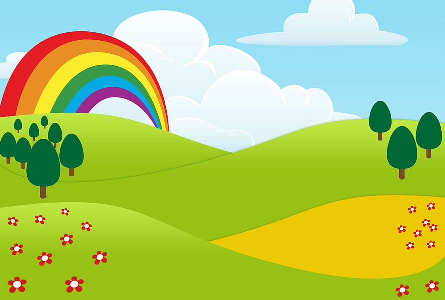 Colorful Cartoon Landscape With Rainbow, Rolling Hills, Trees, And Flowers For Kids HD wallpaper