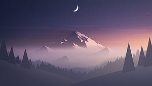 Serene Night Mountain Landscape With Crescent Moon And Pine Forest HD wallpaper
