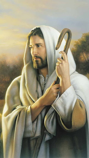 Jesus Christ as the Good Shepherd holding a wooden staff in white robes HD phone wallpaper