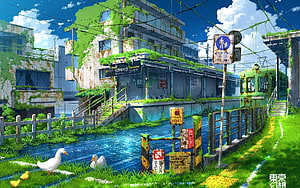 Overgrown Japanese Train Station with Ducks in Post-Apocalyptic Anime Style HD wallpaper