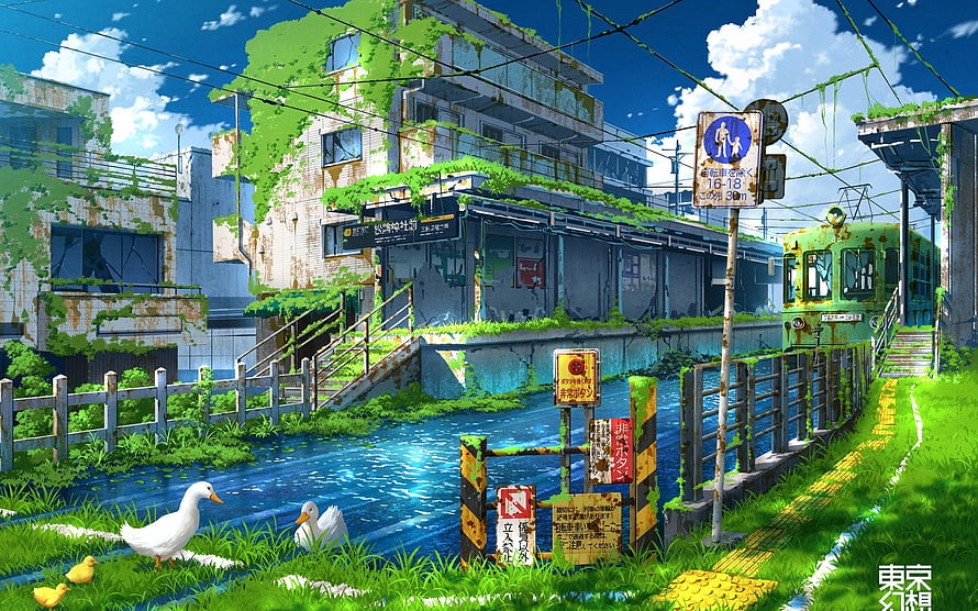 Overgrown Japanese Train Station with Ducks in Post-Apocalyptic Anime Style HD wallpaper