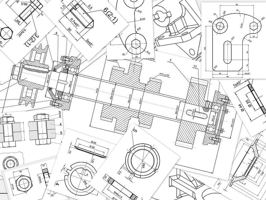 Technical Mechanical Engineering Blueprint with Detailed Component Schematics and Dimensional Drawings HD wallpaper