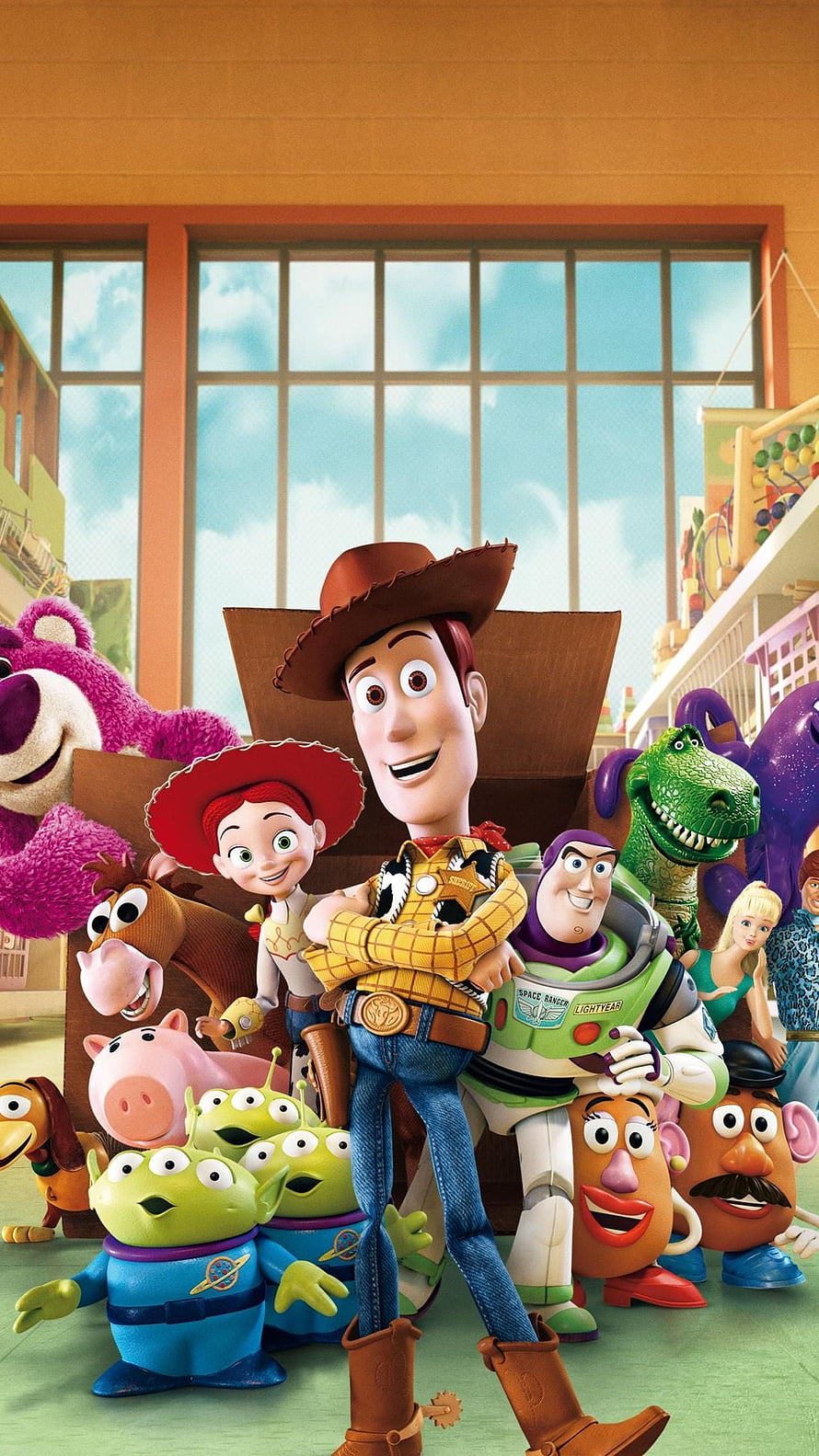 Woody, Buzz Lightyear, and the full cast of Toy Story characters posing together in a colorful group shot HD phone wallpaper