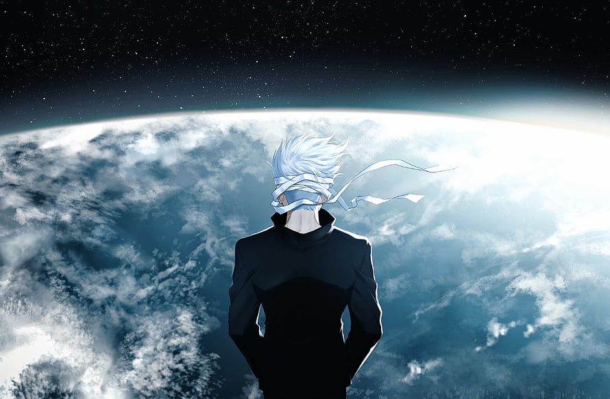 Gojo Satoru from Jujutsu Kaisen standing in space overlooking Earth with blindfold HD wallpaper