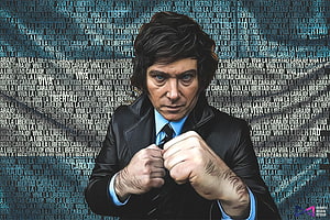 Javier Milei Digital Portrait in Black Leather Jacket with Fists Raised Against Textured Background HD wallpaper