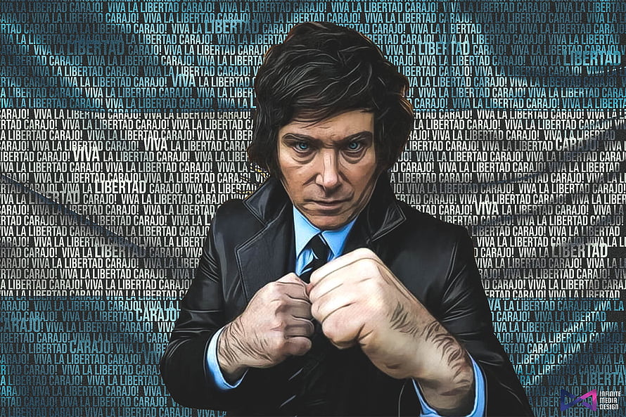 Javier Milei Digital Portrait in Black Leather Jacket with Fists Raised Against Textured Background HD wallpaper