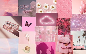 Pink Aesthetic Mood Board Collage With Glossier, Neon Cloud, Perfume, And Vintage Van HD wallpaper