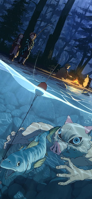 Inosuke and Tanjiro Fishing in River at Night with Nezuko and Giyu HD phone wallpaper