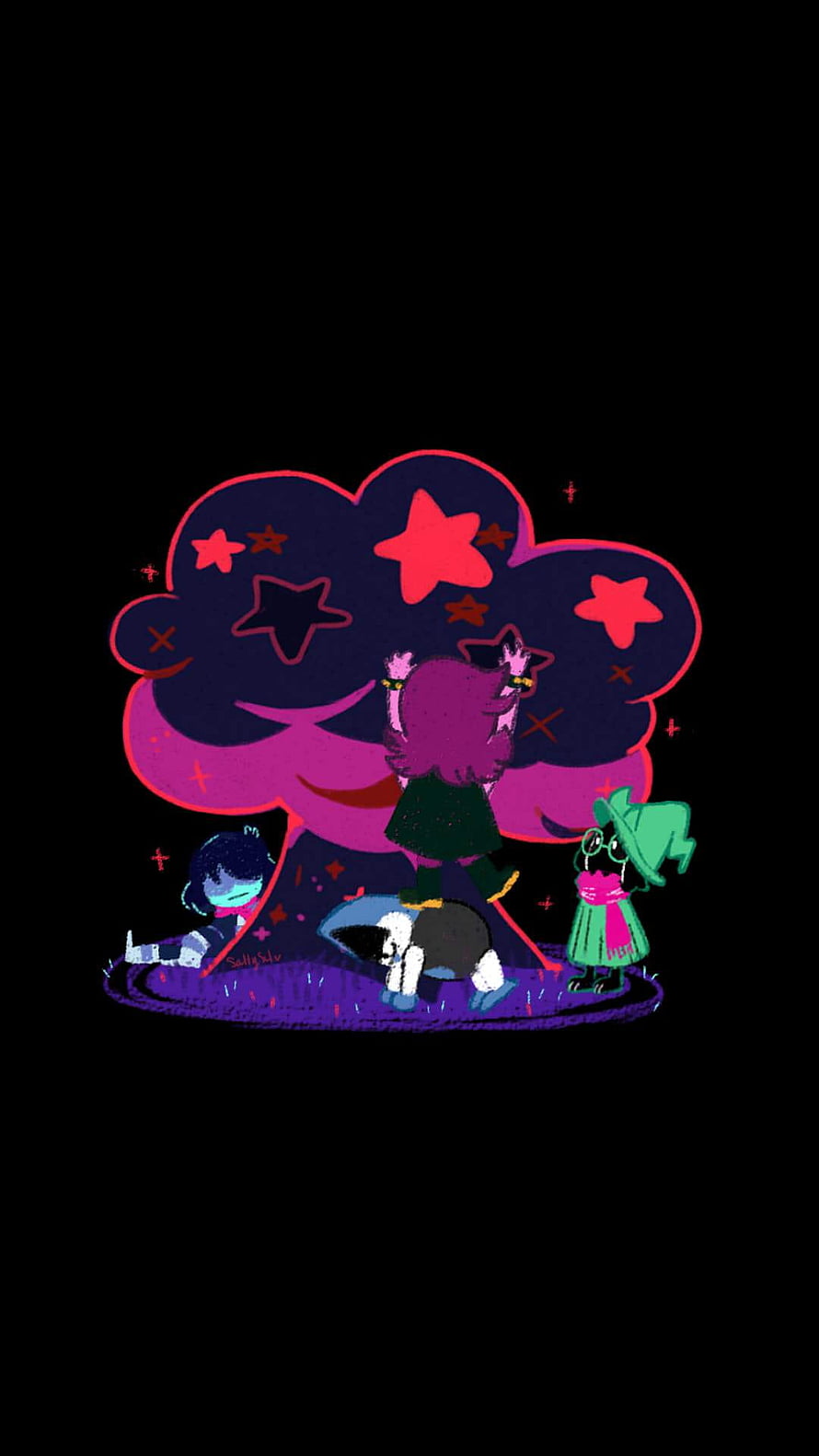 Deltarune Characters Under a Starry Cloud on a Black Background HD phone wallpaper
