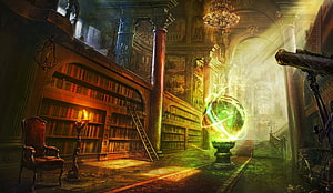 Mystical Fantasy Library Interior With Glowing Orb And Antique Bookshelves HD wallpaper
