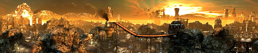 Post-Apocalyptic Industrial Landscape at Golden Hour with Rusty Conveyor Bridge HD wallpaper