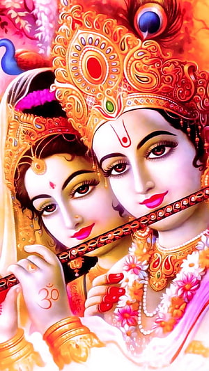 Radha Krishna Divine Portrait With Flute And Peacock Feather Crown HD phone wallpaper